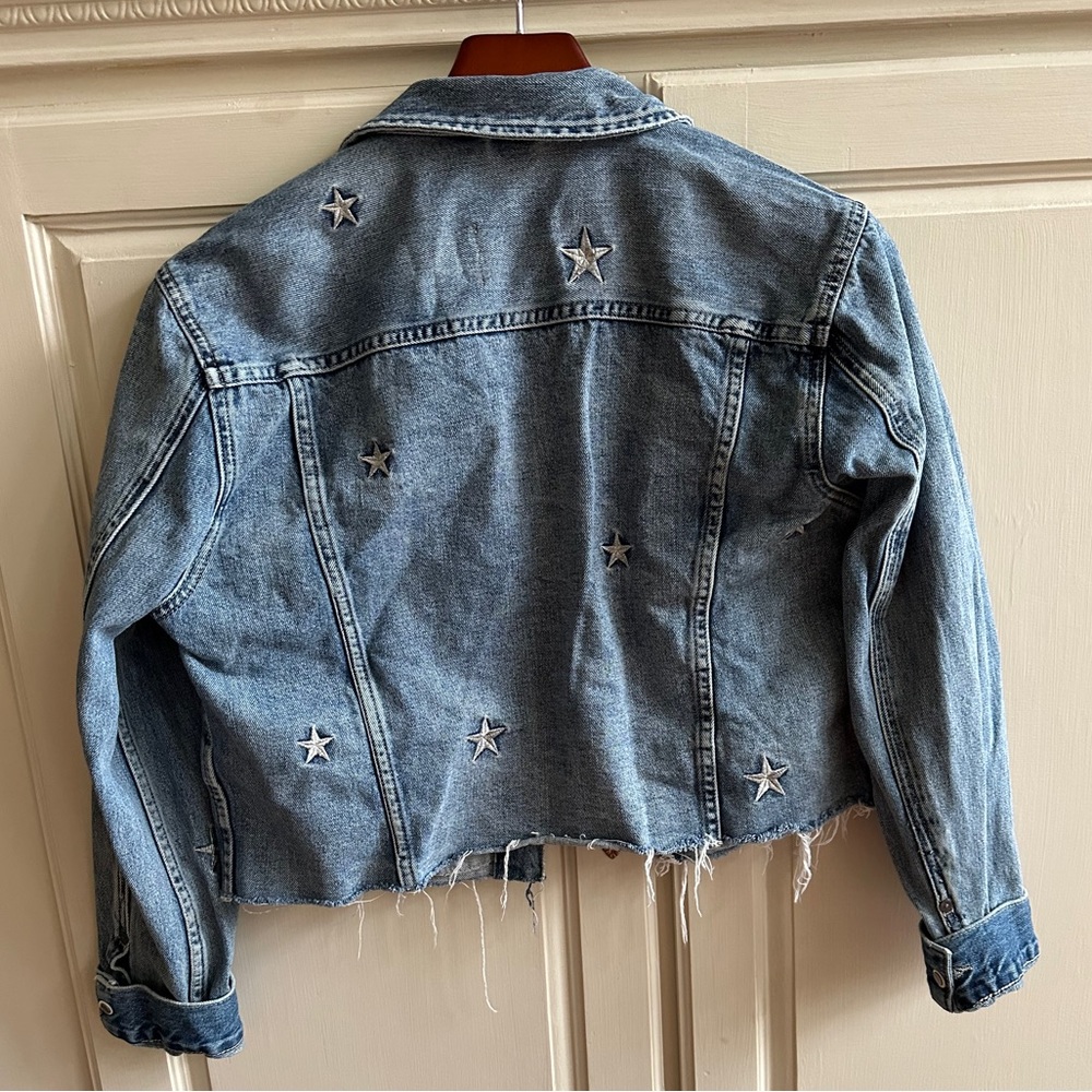 Pistola Blue Denim Jacket Distressed w/ Silver/White Star Pattern Size S - Picture 3 of 3